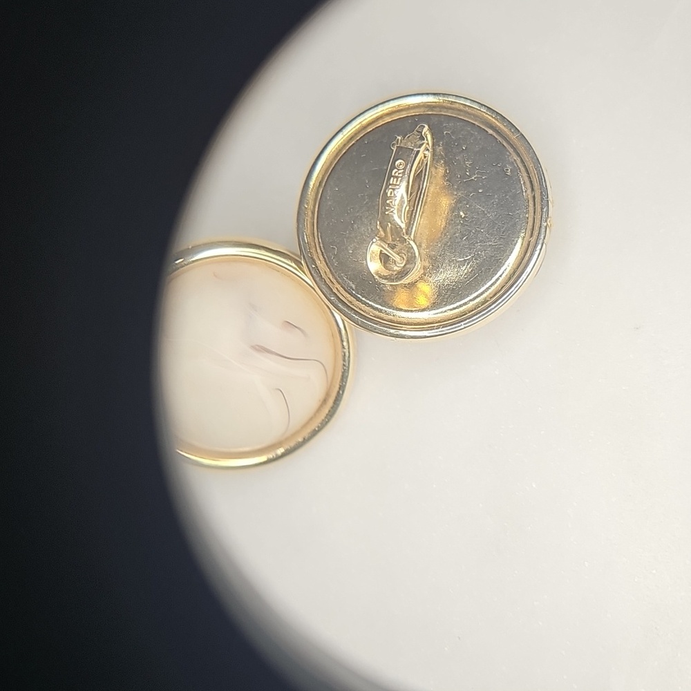 Napier Goldtone and Cream Round Clip Earrings - Picture 3 of 3